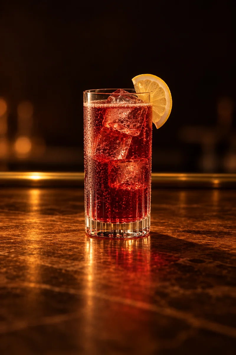 Illustration of Tinto de Verano: light translucent red, paler than plain red wine, lightly fizzy, in a tall straight Collins glass beaded with condensation.