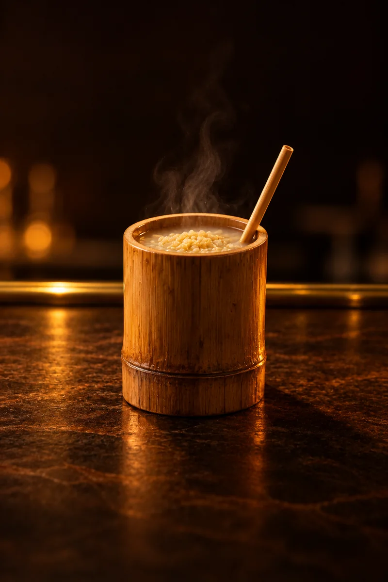 Illustration of Tongba: cloudy milky white hot water over a bed of fermented millet grains at the top of the vessel, in a hollow bamboo vessel with a fine bamboo straw.