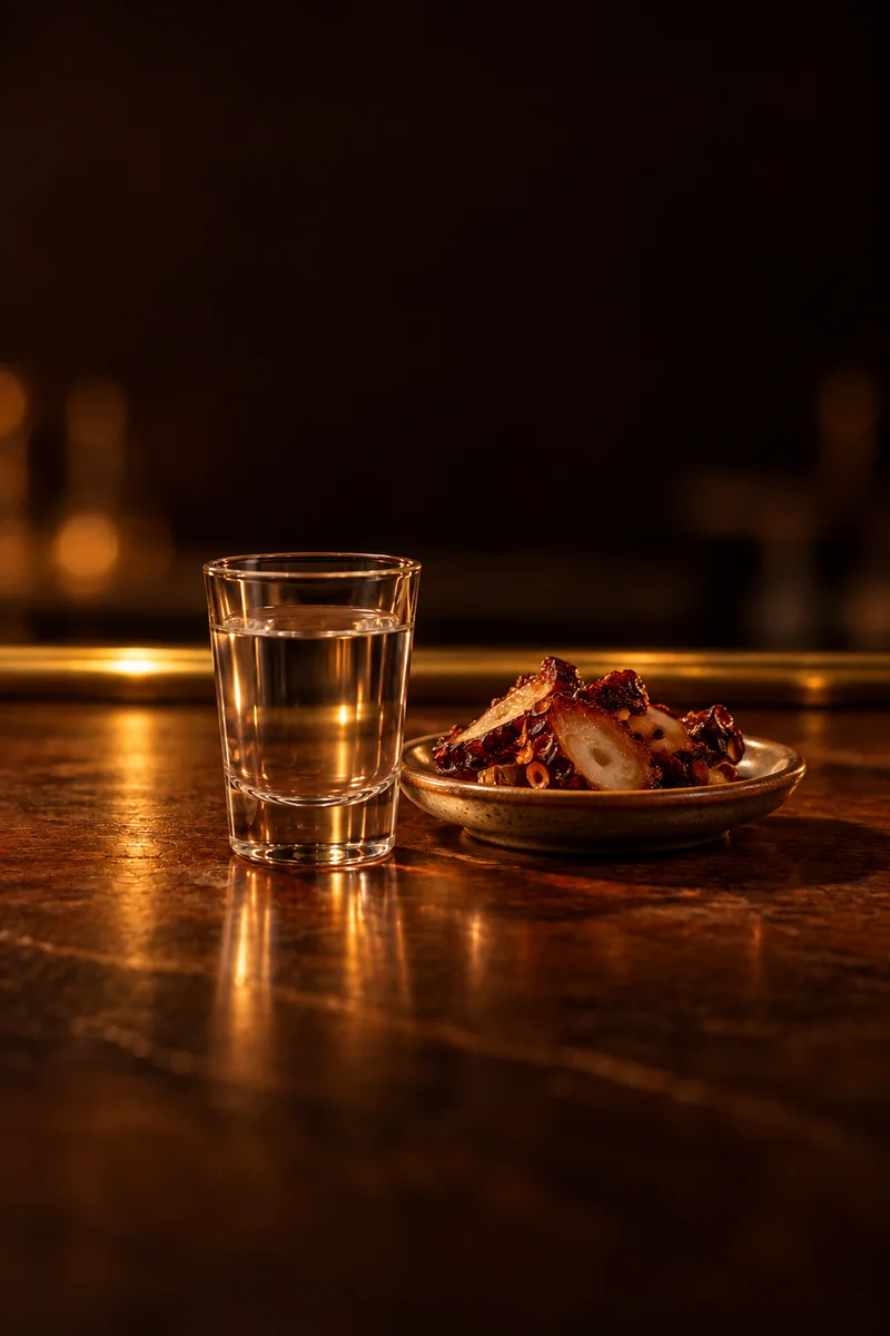 Illustration of Tsipouro and Meze in Volos: clear and colorless, in a small shot glass.