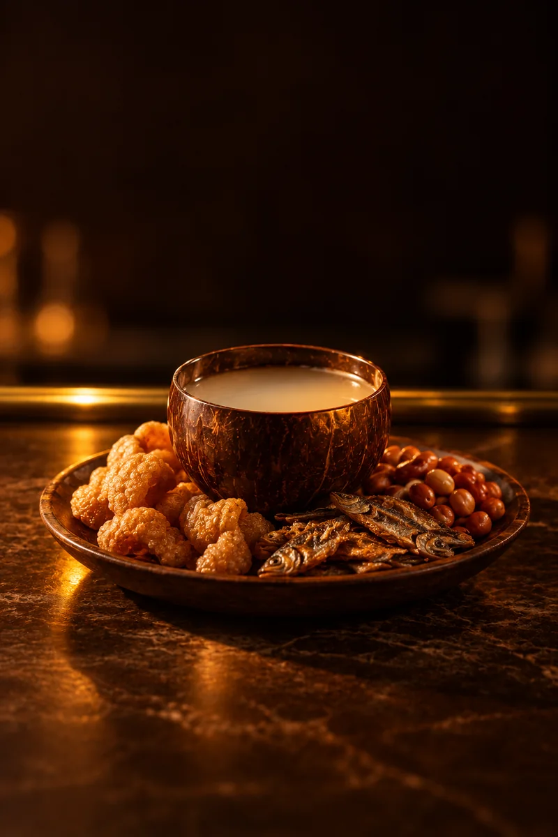 Illustration of Tuba (Tagayan): pale and milky, in one small plain shared drinking cup.
