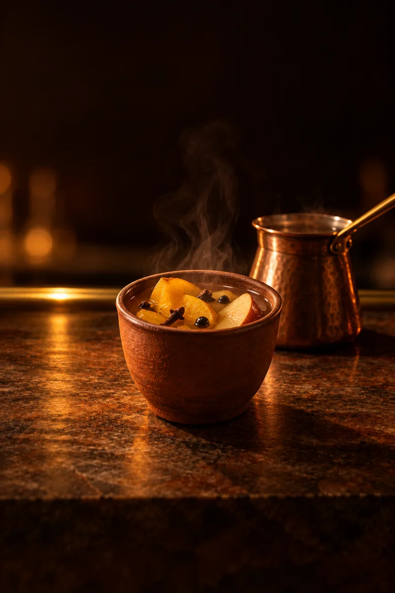 Illustration of Hot Tuica: warm clear pale amber spirit with steam, in a small unglazed clay cup.