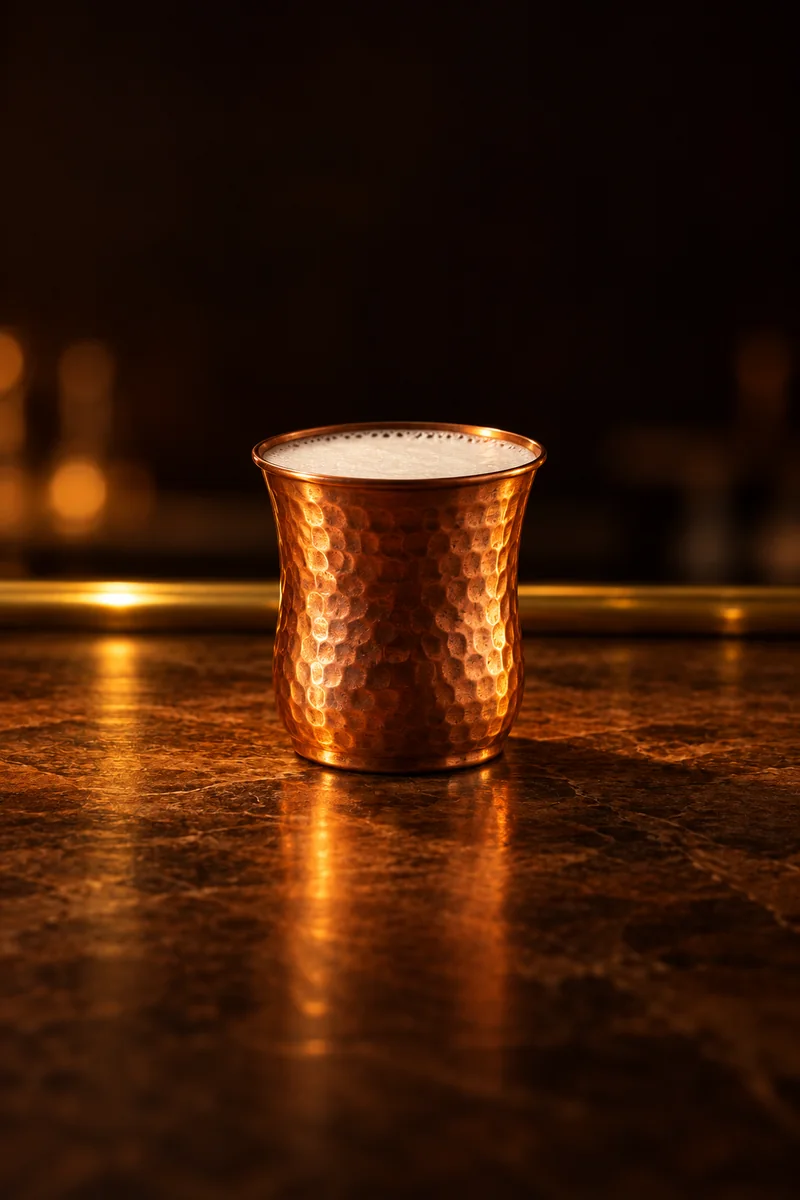 Illustration of Ayran: opaque white and thin with a pale foam head, in a hammered copper cup.