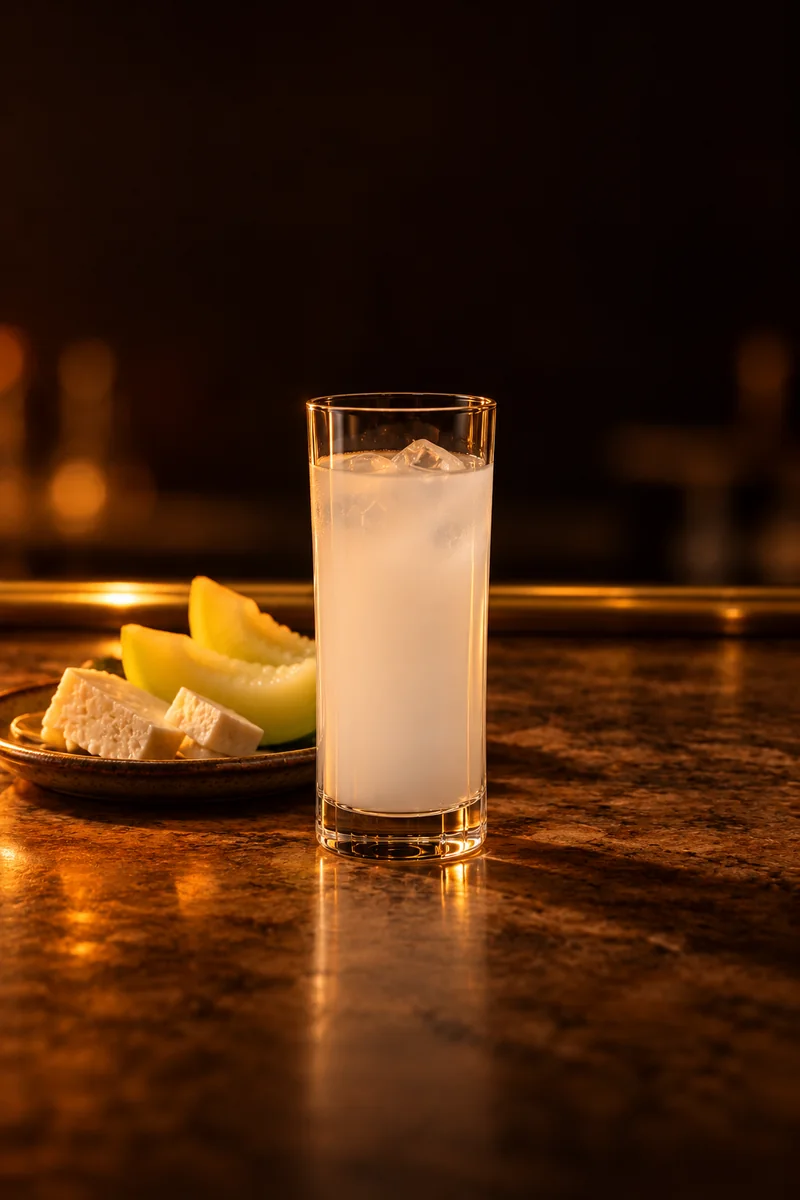 Illustration of Rakı with Water (Lion's Milk): opaque milky white, in a tall narrow straight glass.