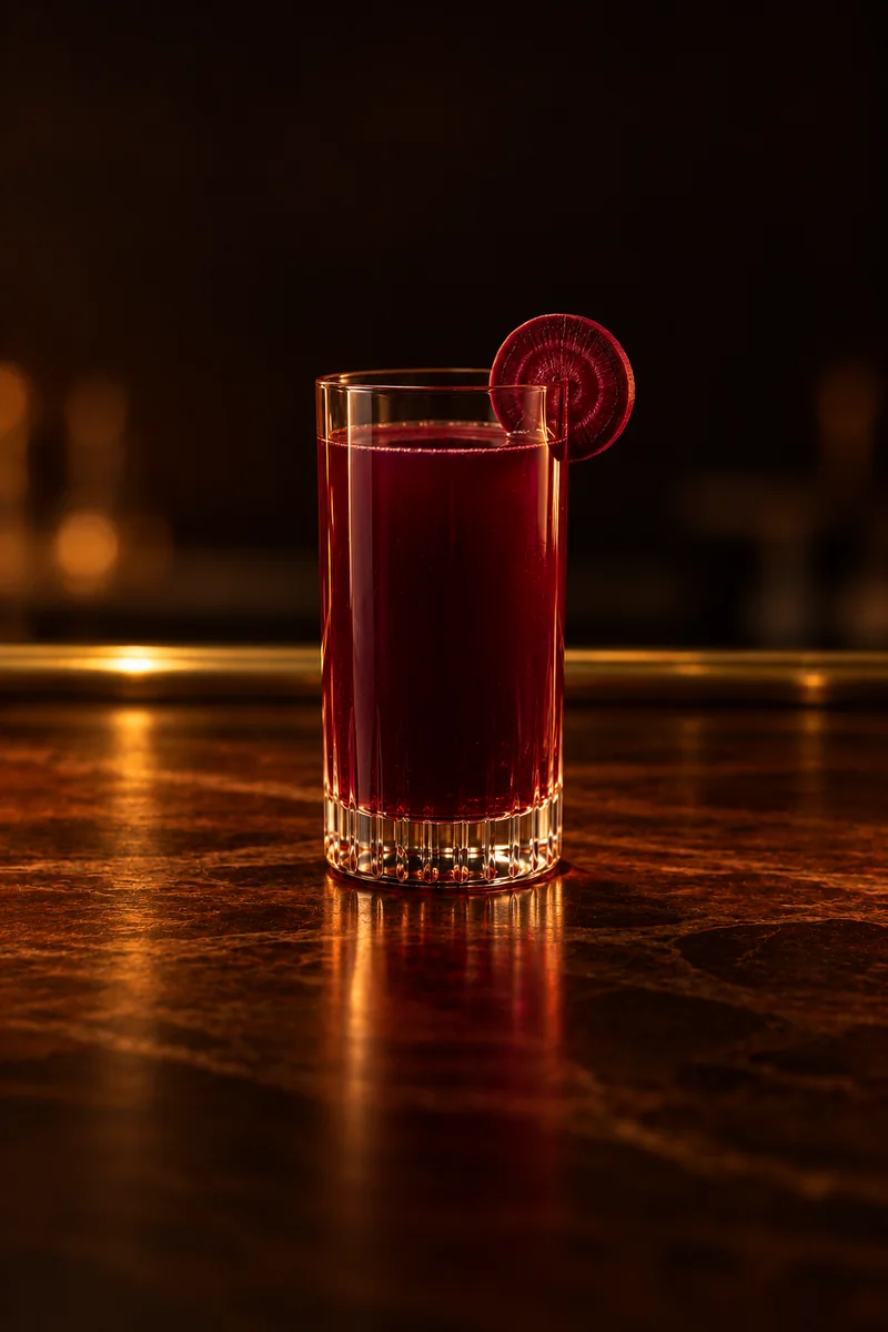 Illustration of Şalgam: opaque deep purple-red, slightly cloudy, still, in a tall straight glass.