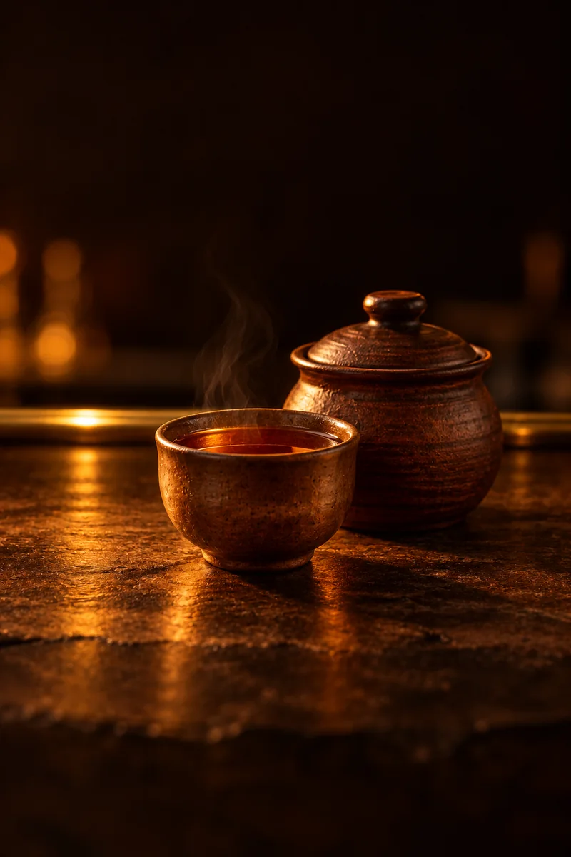 Illustration of Varenukha: deep amber-brown, clear, with faint steam, in a small ceramic cup.