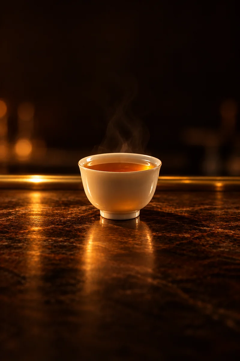 Illustration of Warmed Shaoxing Huangjiu: clear amber, light yellow to orange, in a small white porcelain cup.