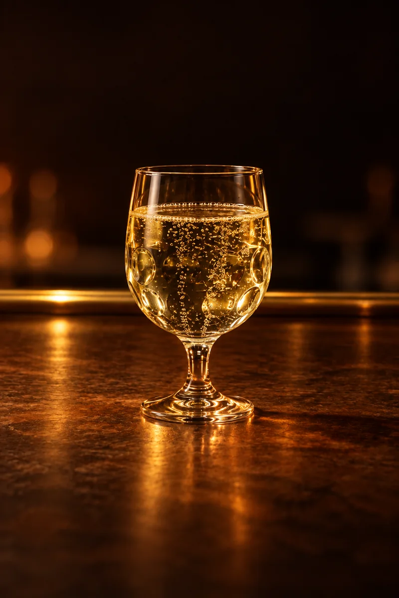 Illustration of Weinschorle: pale white wine, clear, with small bubbles rising, in a large half-liter Dubbeglas wine glass with a rounded dimpled surface.