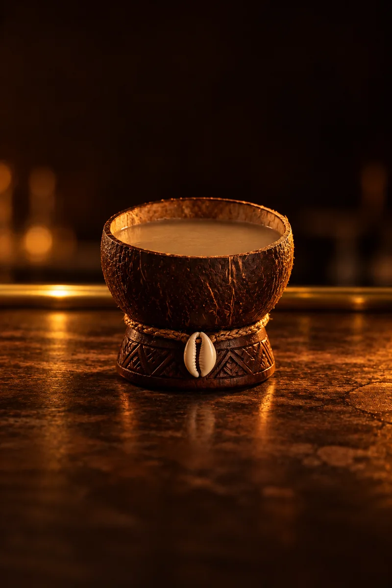 Illustration of Yaqona (Kava): murky opaque muddy brown-gray, in a half coconut shell cup.