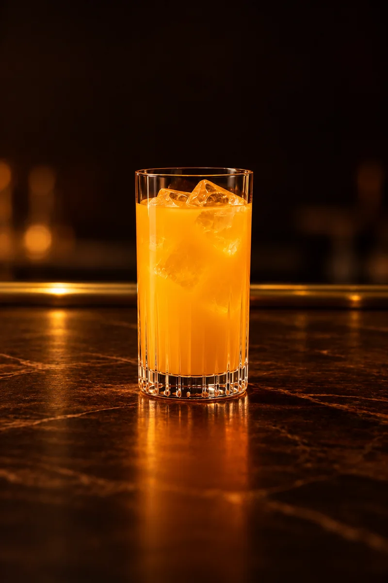 Illustration of Yungueno: bright opaque orange, the color of fresh orange juice, in a tall highball glass.