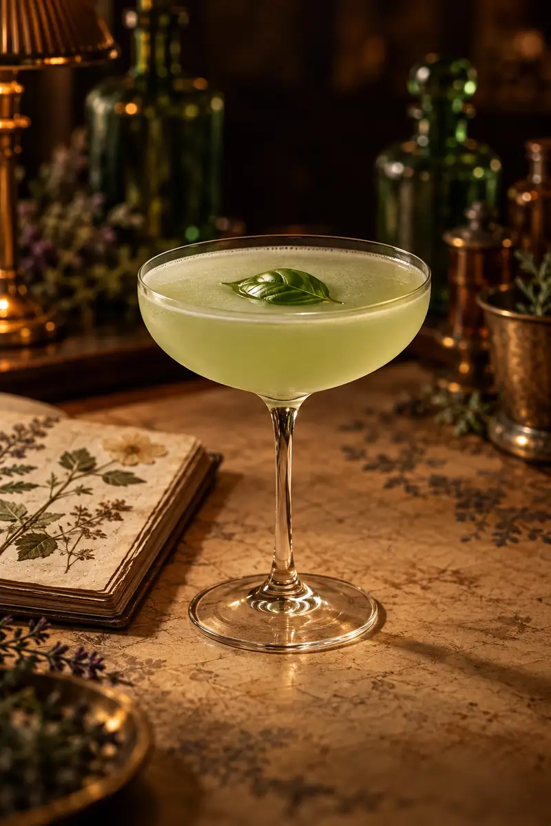 Illustration of a pale green gin sour in a stemmed coupe glass with a single basil leaf floating on top, on a bar beside an open herbal book and antique green bottles.