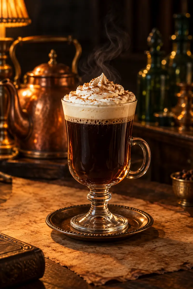 Illustration of a hot rum coffee in a footed glass mug on a small brass saucer, topped with whipped cream and grated cinnamon, steam rising, a copper kettle behind.