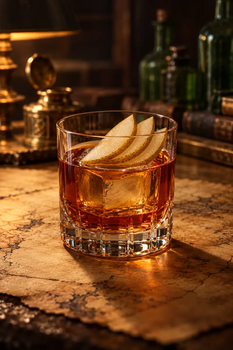 Illustration of an amber bourbon drink in a rocks glass over one large ice cube with three thin pear slices fanned on top, on a worn map-like bar top.