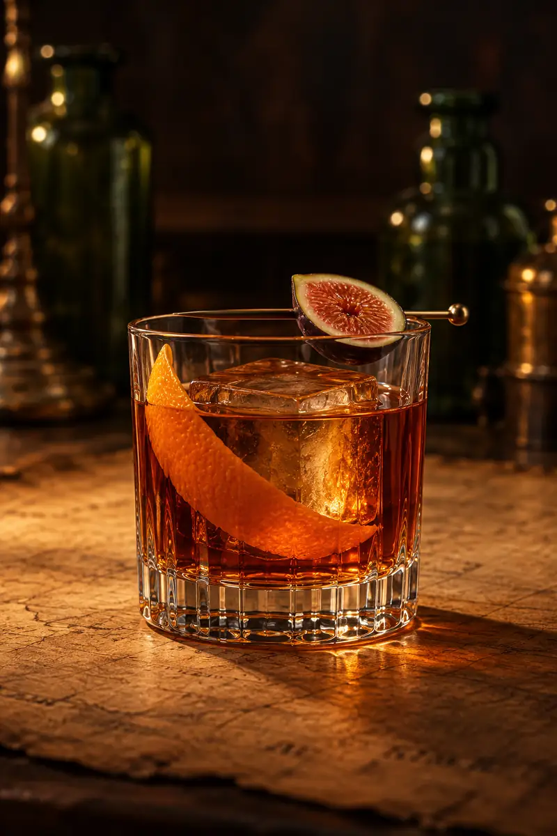 Illustration of a deep amber brandy old fashioned in a rocks glass over a large ice cube with a wide orange peel and a halved fig on a pick across the rim.