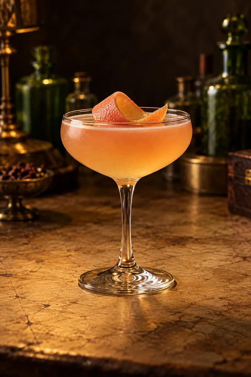 Illustration of a peach-orange mezcal and grapefruit sour in a stemmed coupe glass with a curl of grapefruit peel on the surface, on a golden-lit bar.
