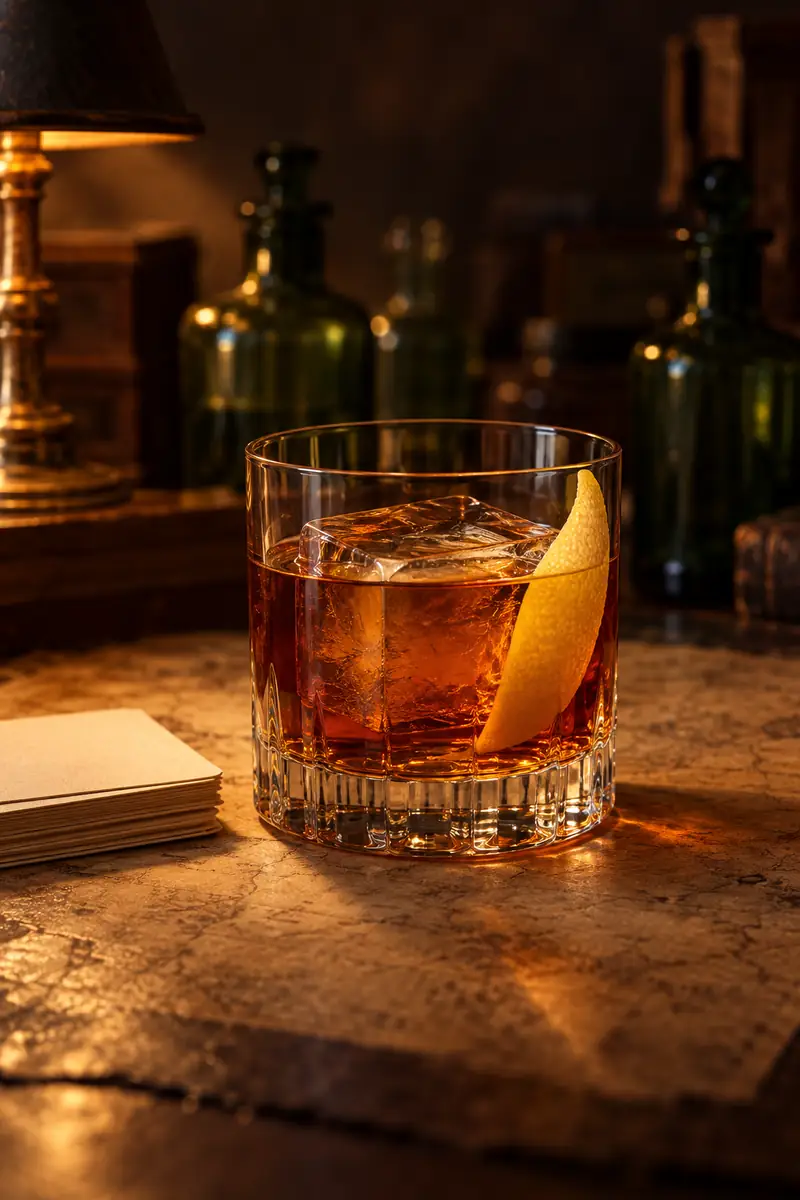 Illustration of a dark amber rye old fashioned in a rocks glass over a large ice cube with a wide lemon peel, beside a small stack of index cards and a brass lamp.