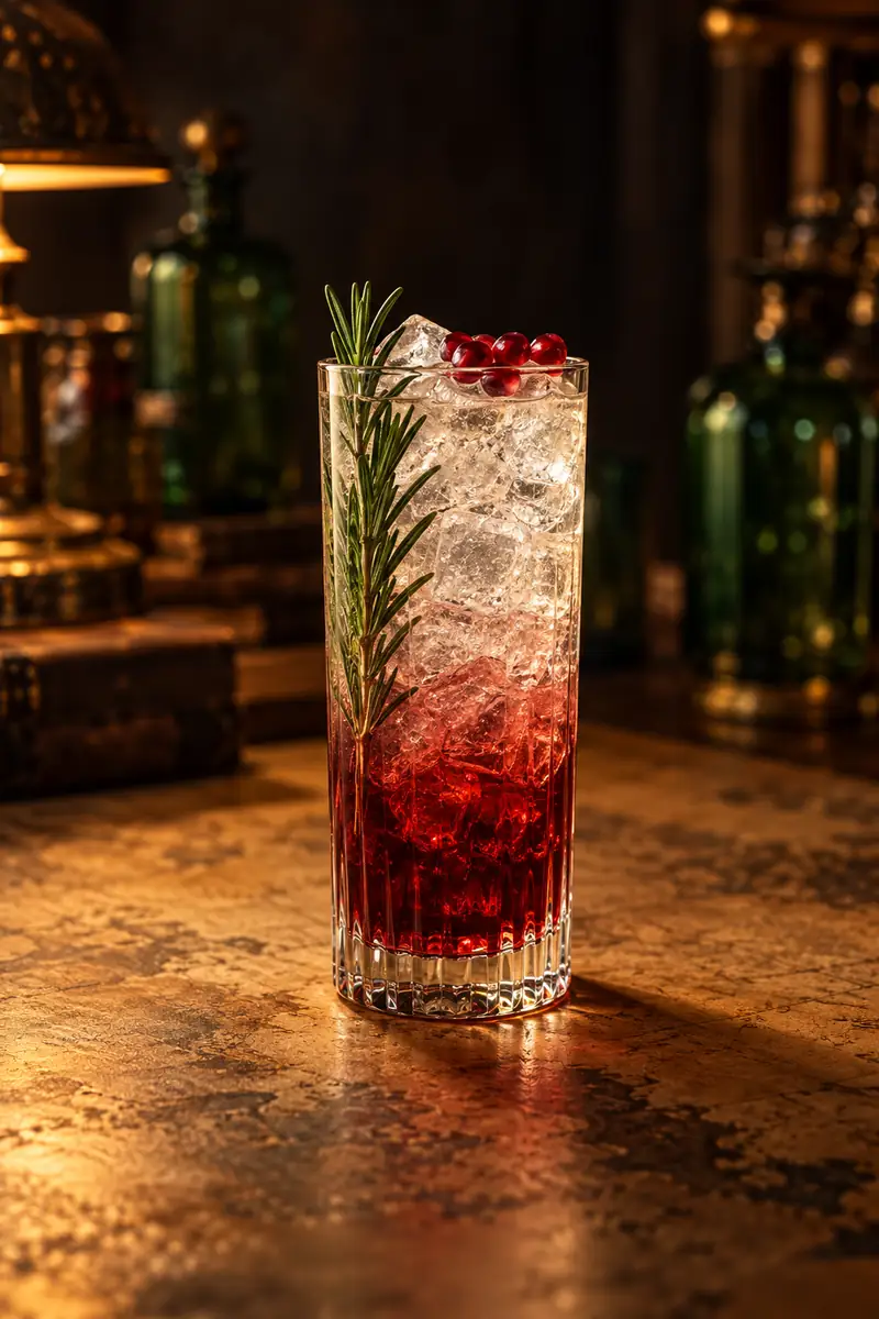 Illustration of a tall highball glass of ice with a clear top and a deep red pomegranate layer below, a rosemary sprig standing in the drink and red pomegranate seeds on top.