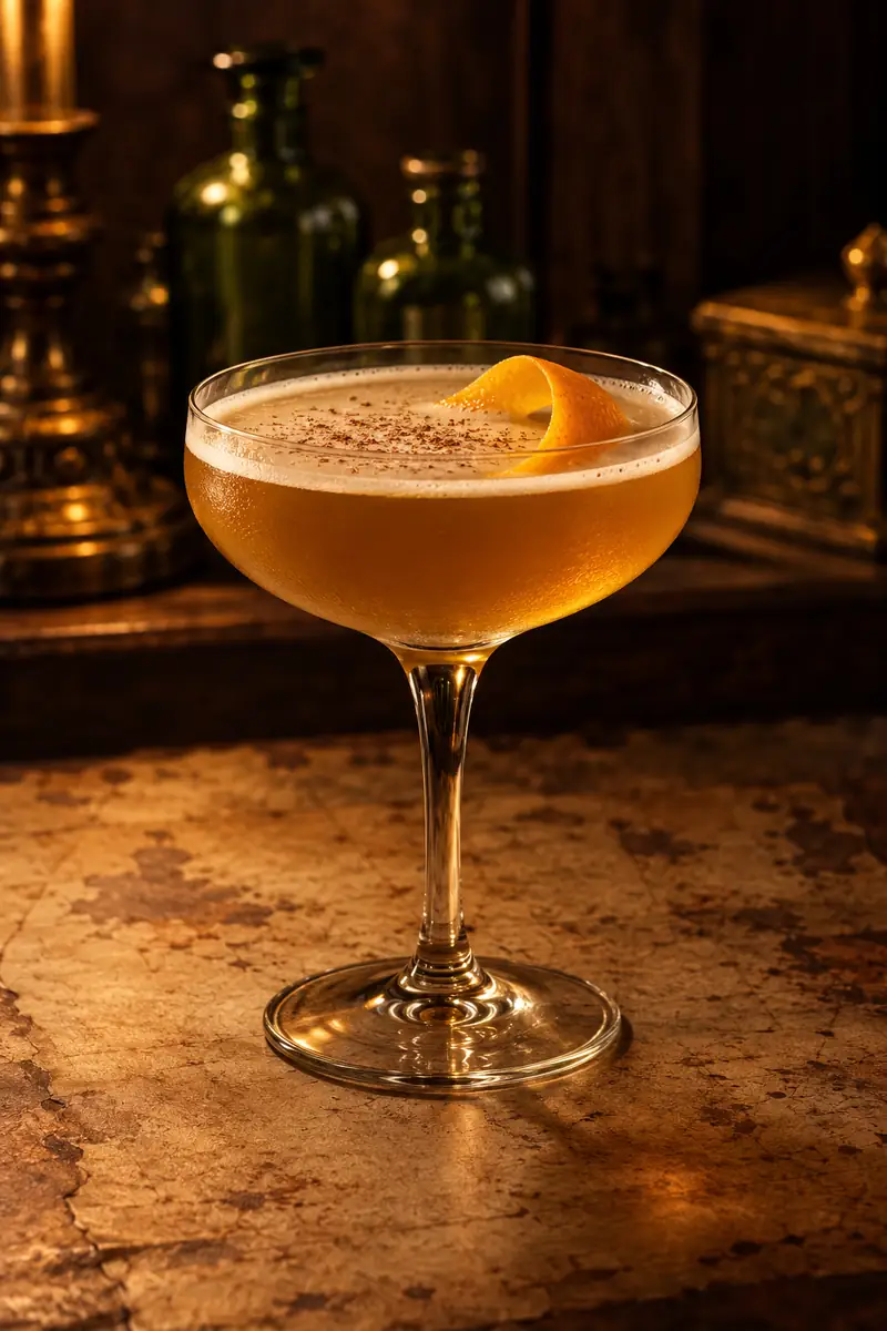Illustration of a golden-amber aged rum sour in a stemmed coupe glass, finished with a curl of orange peel and a dusting of nutmeg on the foam, on a worn bar top.