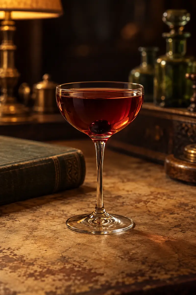 Illustration of a deep ruby-red cognac and cherry nightcap in a stemmed glass with a dark brandied cherry resting in the bowl, beside a closed leather-bound book.