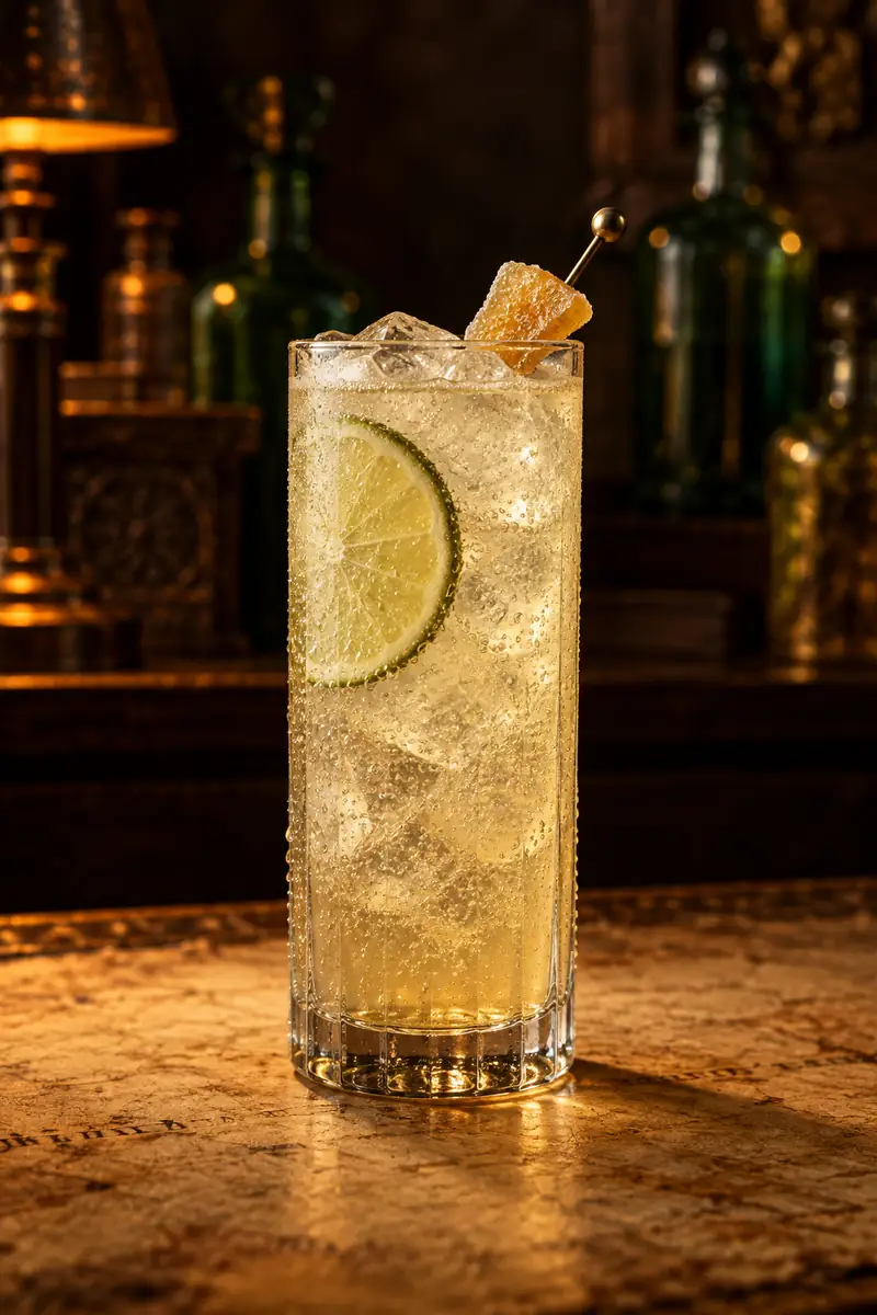 Illustration of a tall highball glass of pale gold tequila and ginger drink over ice with a lime wheel against the glass and a piece of candied ginger on a pick.