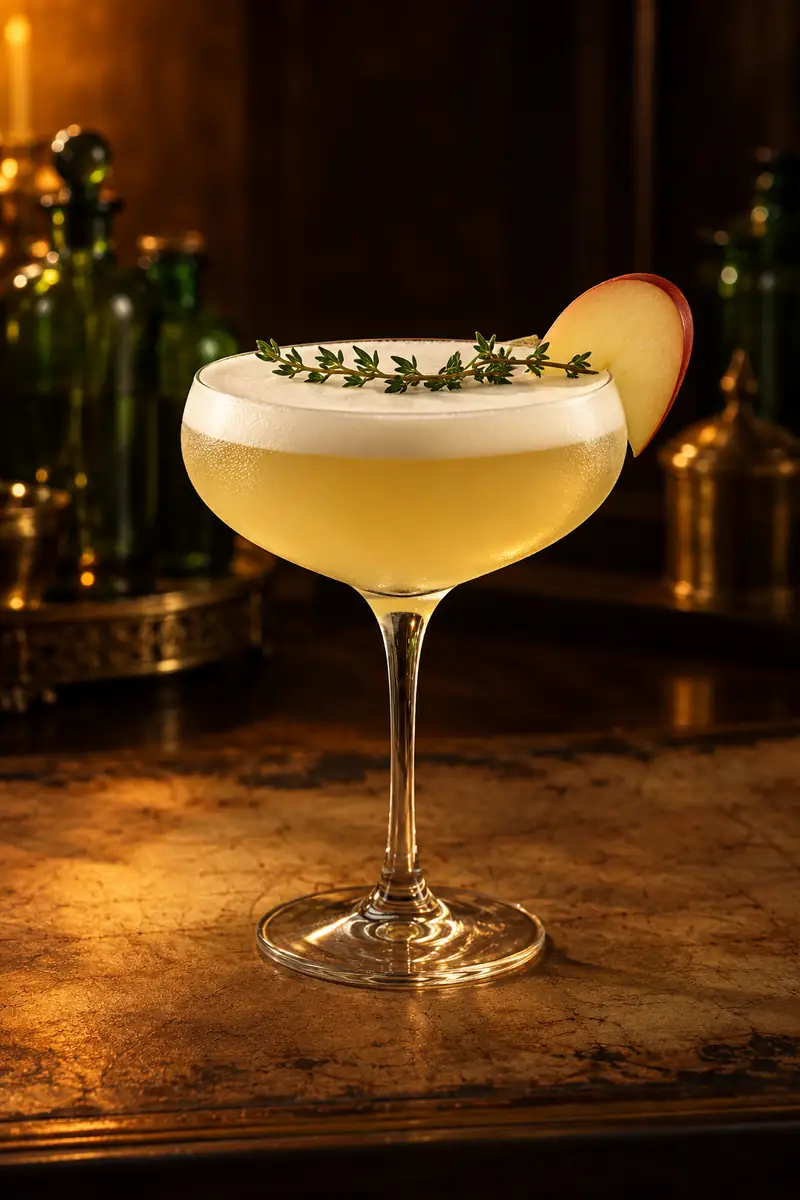 Illustration of a pale straw-gold gin sour in a stemmed coupe glass under a dense white foam, with a thyme sprig across the top and a thin red-edged apple slice on the rim.